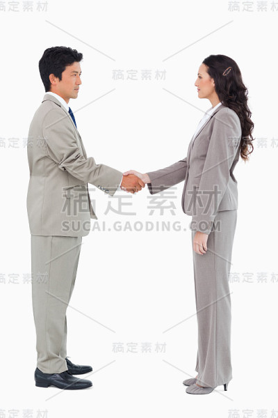 交易伙伴握手的侧视图