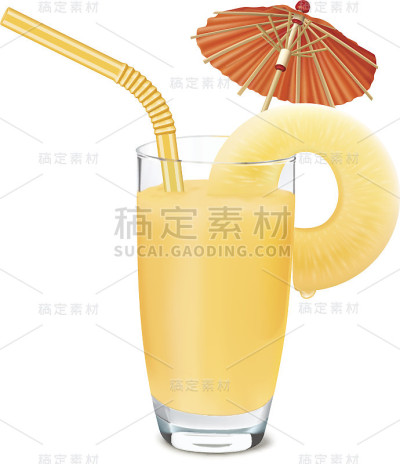 一杯菠萝汁和新鲜菠萝，雨伞，管。矢量图