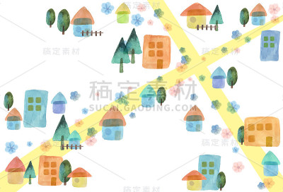 小镇的水彩画