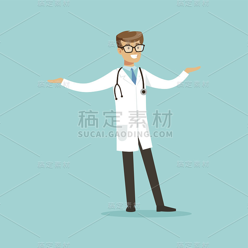 年轻的微笑男医生字符站矢量插图