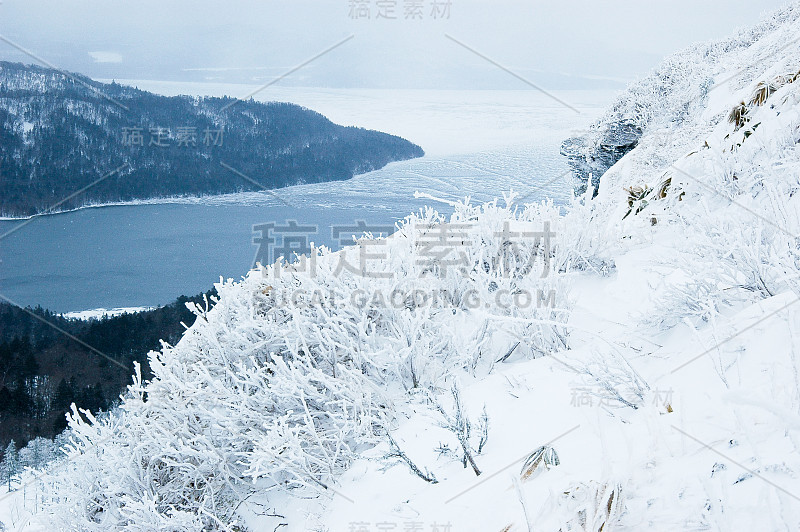 日本北海道比霍罗口和草沙罗湖的雾凇冰