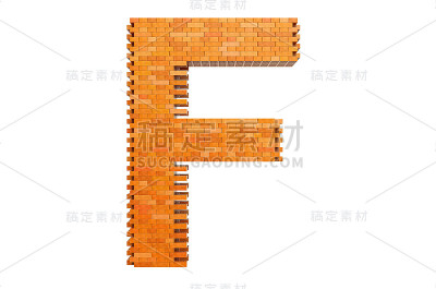 用砖砌字体，用砖砌字母F。3D渲染孤立的白色背景