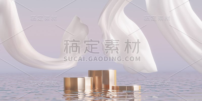 3D平台显示设置在水上。海景，粉彩背景，白色帘布飞扬，飘浮。化妆品美容产品推广自然模拟。步骤基座，夏