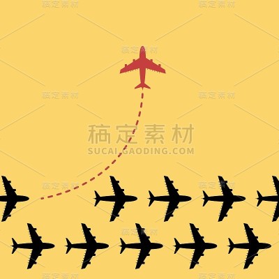 考虑不同的商业概念插图，红色的飞机改变方向和白色的