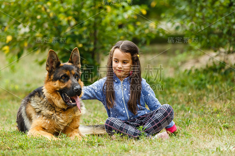 漂亮的小女孩，命令德国牧羊犬坐下。