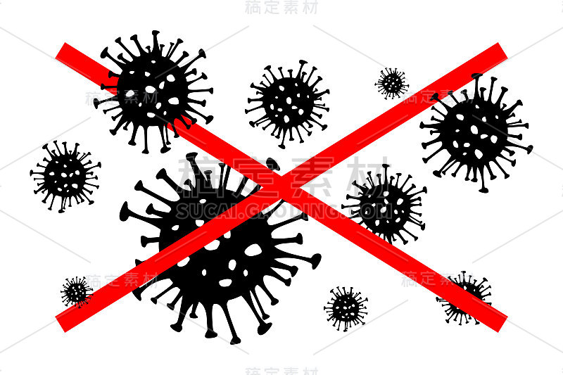 危险冠状病毒红色和黑色载体图标。2019-nCoV细菌分离在白色背景。新冠肺炎冠状病毒病标志STOP