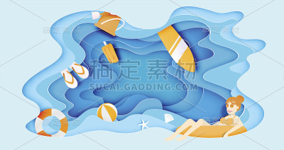 女孩漂浮在美丽的海背景剪纸风格的海滩上