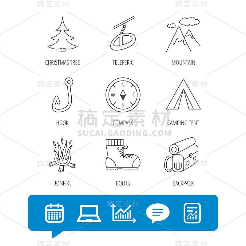 山，钓鱼钩和登山靴的图标。