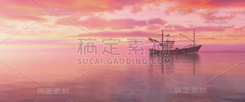 美丽的日落在海上与渔船航行