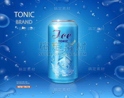 冰饮金属罐。蓝色背景3d滋补广告