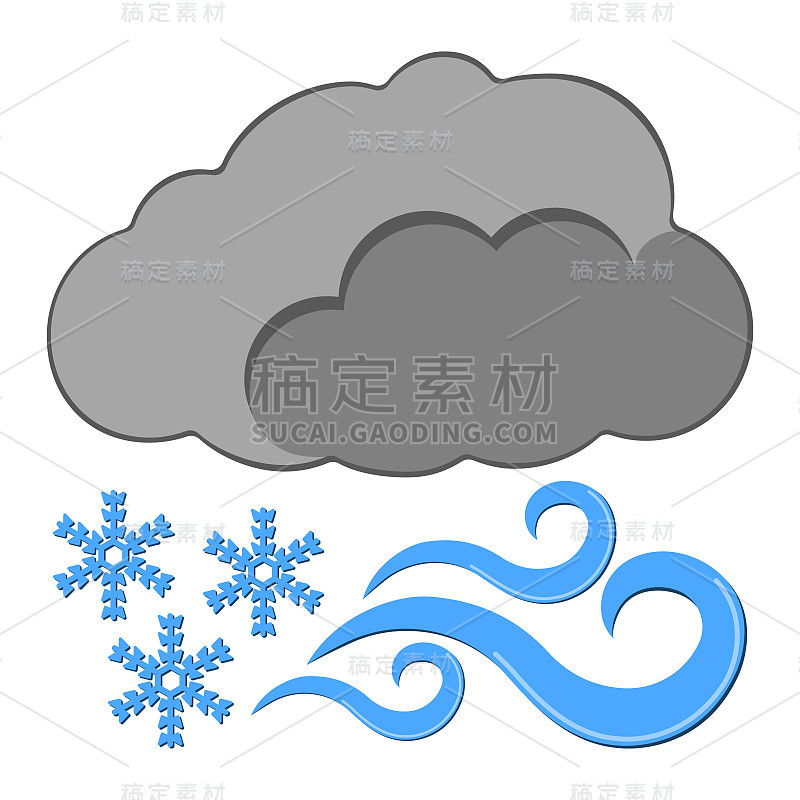 雪与风的图标。天气标签为网页上的白色背景。卡通矢量图