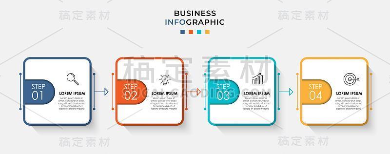 矢量图形设计业务模板与图标和4个选项或步骤。可用于流程图，演示文稿，工作流布局，横幅，流程图，信息图