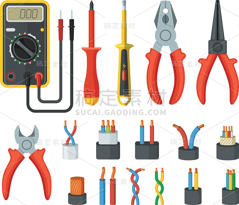 电线和各种电子工具。刀,万用表。矢量插图孤立