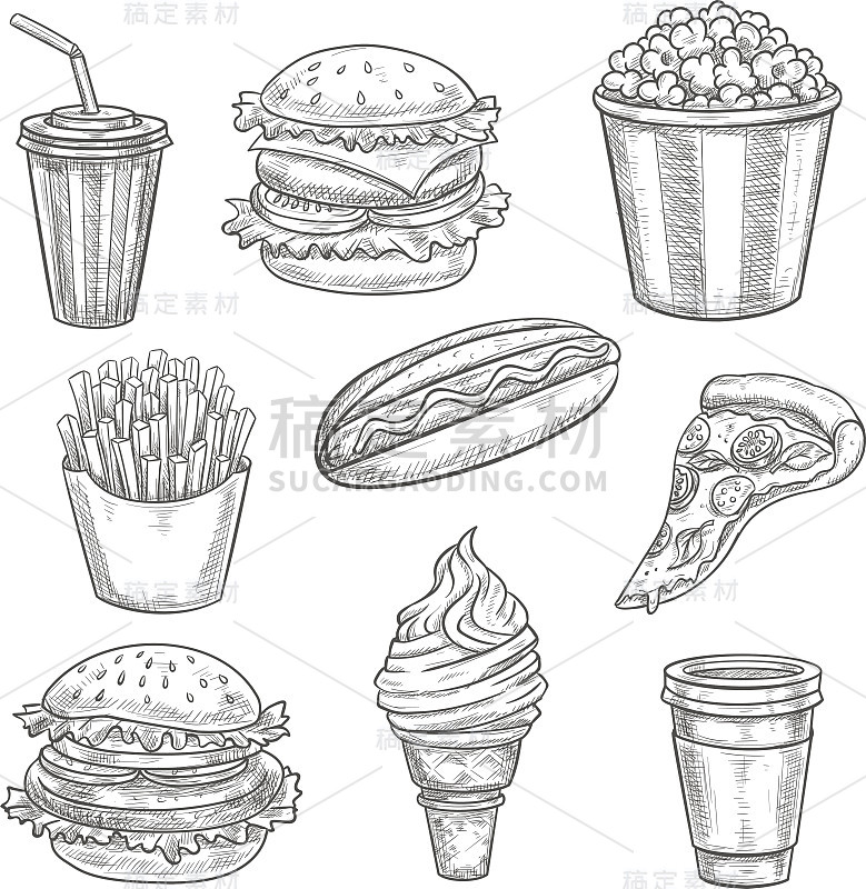 快餐矢量草图孤立的图标设置