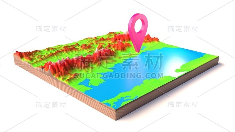 在3D地图上的一个大头针的3D插图