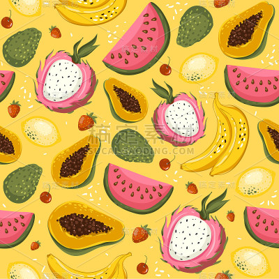 Hand drawn vector cartoon summer fruits. Seamless 