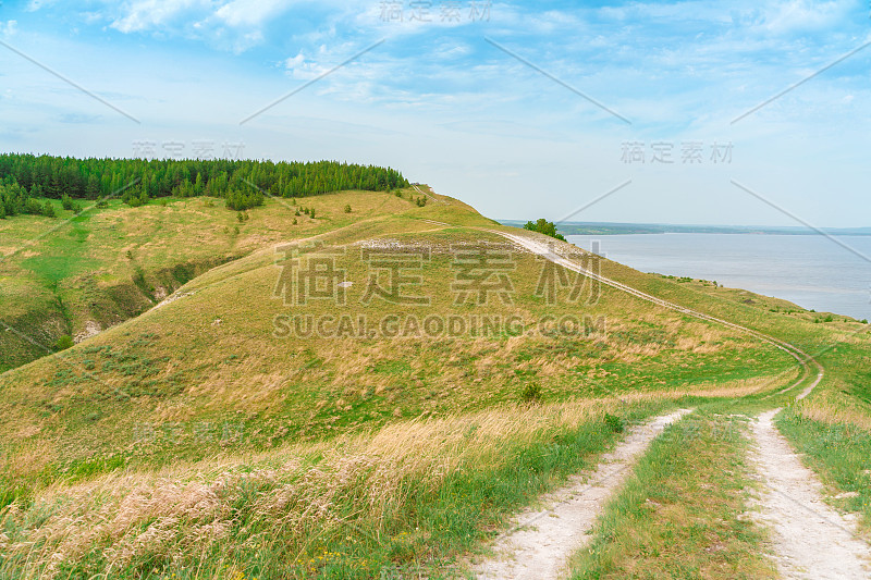 一条小路中间是绿油油的草地，一派宜人的夏日风光，俄罗斯的自然风光