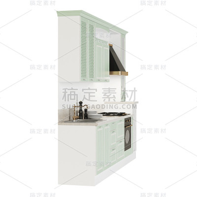 厨房。白色背景上的家具和厨房设备。包括剪切路径。3 d渲染。