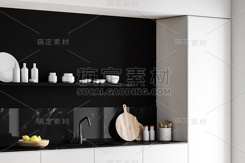 白色台面在豪华的黑色大理石厨房