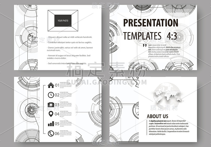 演示幻灯片的业务模板集。易于编辑的布局，矢量插图。高科技设计，连接系统。科学技术理念。未来的抽象背景