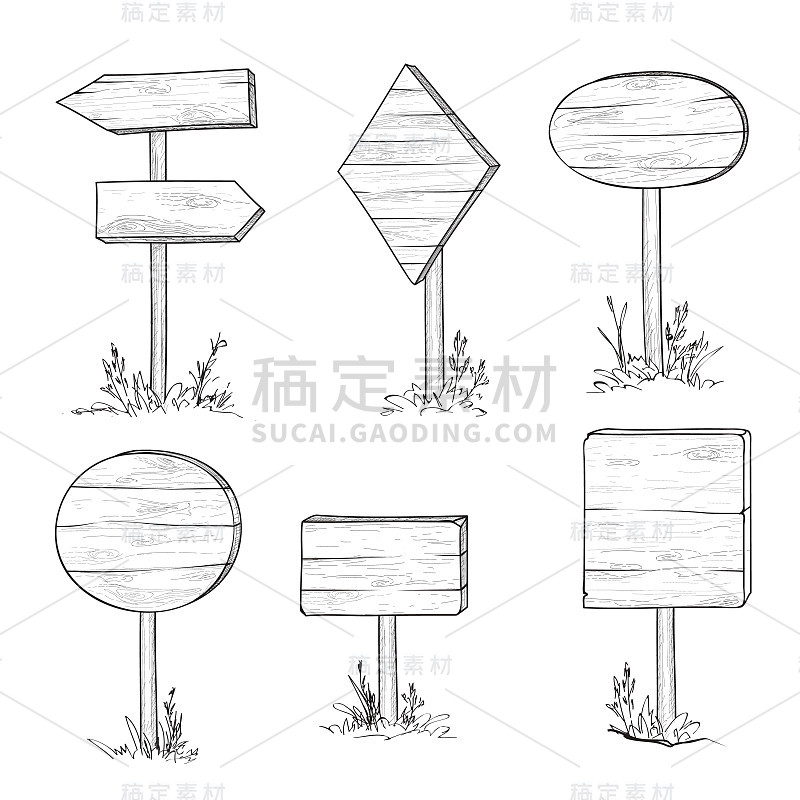 木制路标和箭头。复古雕刻板材集。一个指针