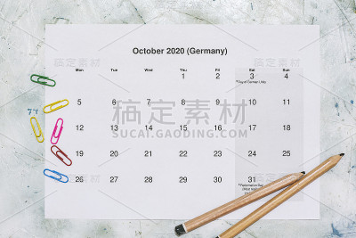 月历2020年10月。翻译:2020年10月月历