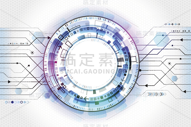 灰色背景下的高科技计算机技术概念。未来主义的放射元素风格。摘要圆形技术背景。