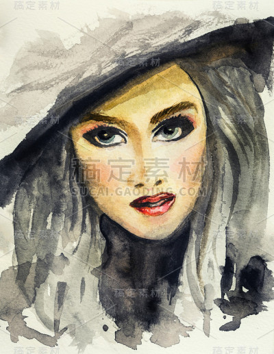 水彩手绘插画的时尚脸的现代女性