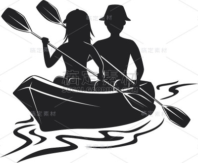 男人和女人皮划艇剪影前视图孤立矢量插图