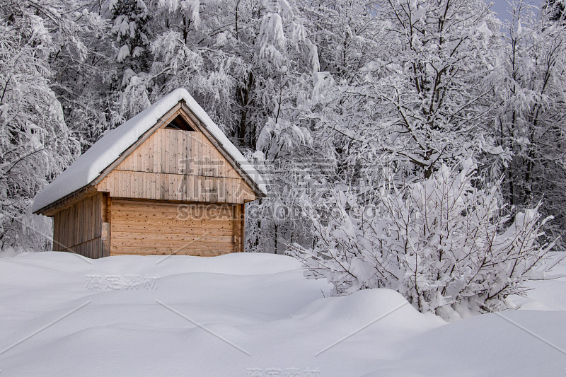 被雪覆盖的木制山间小屋