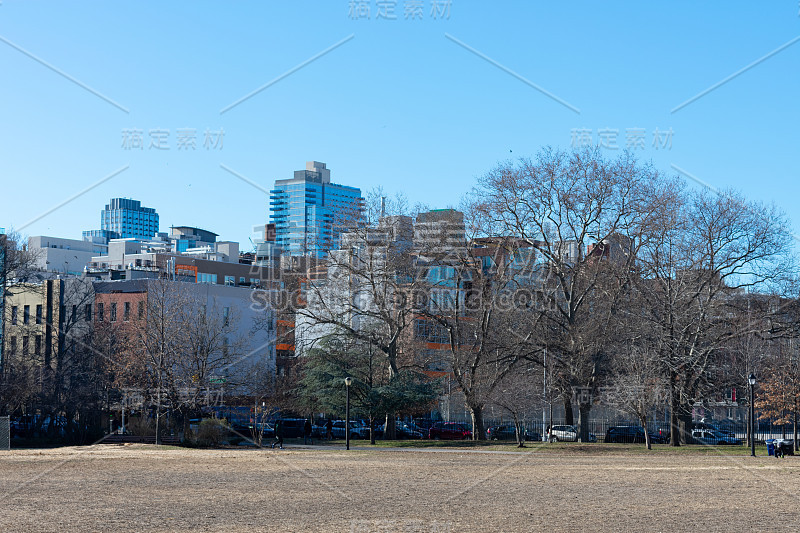 在纽约布鲁克林威廉斯堡麦卡伦公园的开阔草地被建筑物包围