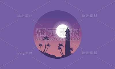 风景棕榈树和灯塔的剪影