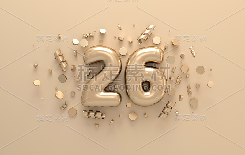 金色3d数字26，带有节日彩纸和螺旋丝带。庆祝26周年活动派对的海报模板。三维渲染