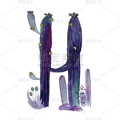 仙人掌的形式为蓝色H字母，绿色生态英文字母插图在白色背景上