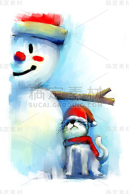 小猫戴着圣诞帽和雪人的插图