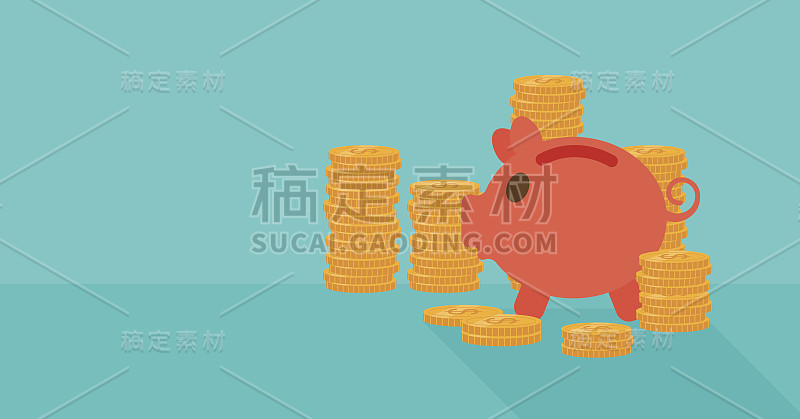 Blue background of piggy bank and golden coins