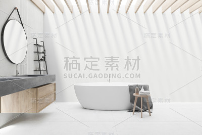 白色浴室内部与圆形镜子