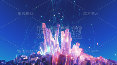 水晶抽象的表面，不同大小的水晶是闪亮和倾泻的3d插图