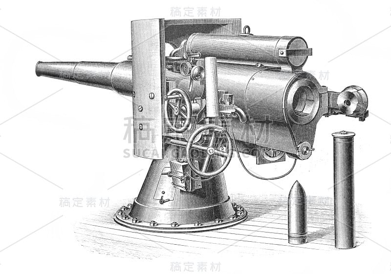 19世纪大炮的照片刻在旧书梅耶斯辞典，第七卷，1897年，莱比锡