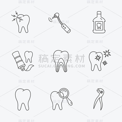 牙齿，口腔和牙痛图标。