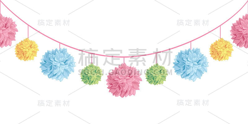 矢量套悬挂彩色粉笔生日派对纸彩球彩球设置水平无缝重复边界模式。非常适合手工卡片，请柬，墙纸，包装，托