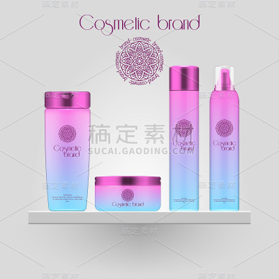 一套逼真的渐变颜色化妆瓶。3D模型瓶孤立的白色背景。化妆品包。