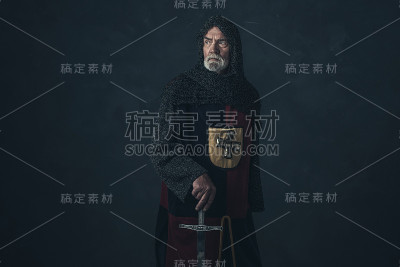 留着胡子，戴着锁子甲，手持宝剑的骑士。