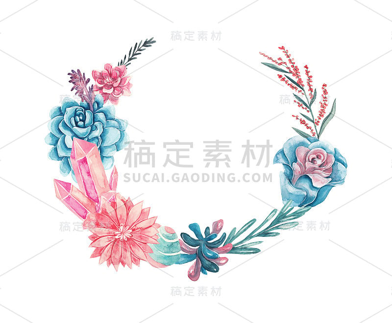 花圈，多肉植物，宝石和叶子。水彩插图。文本的花框