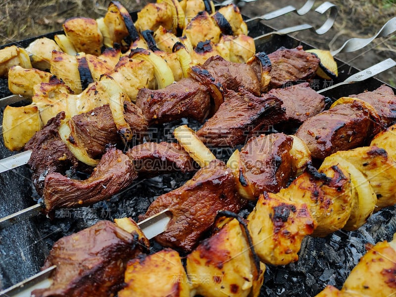 烤架上的鸡肉和牛肉烤肉串