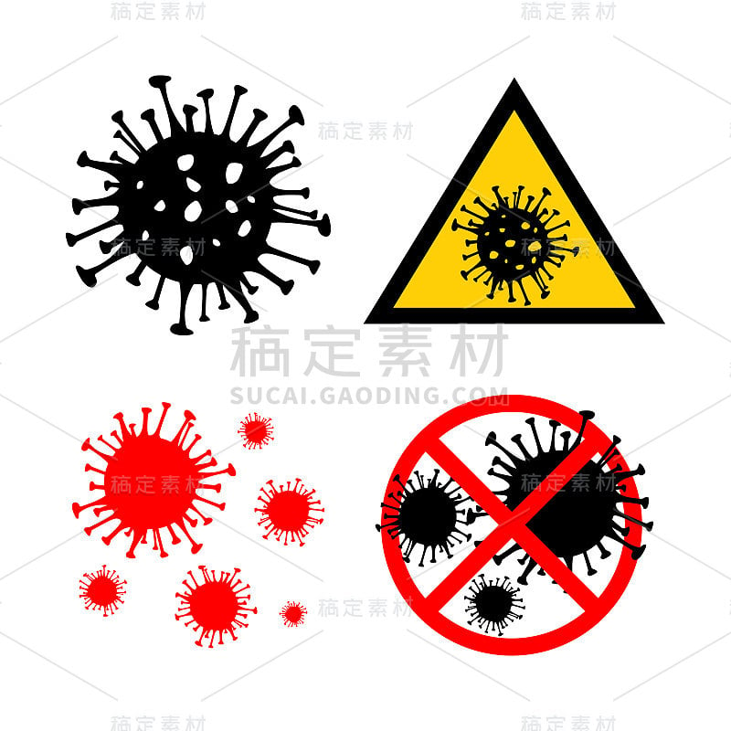 4种危险冠状病毒红色和黑色载体图标，2019-nCoV细菌分离在白色背景。新冠肺炎冠状病毒病标志ST