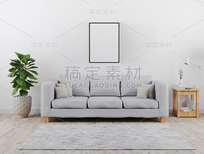垂直的黑色海报框架模拟。现代客厅与灰色沙发模型。斯堪的纳维亚风格，舒适和时尚的室内背景。三维渲染
