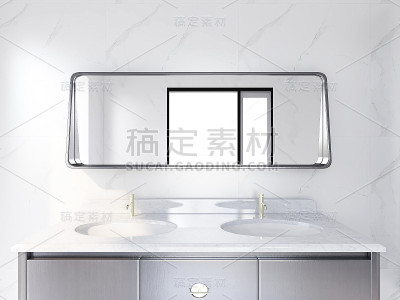 3D效果图，洁净的现代住宅浴室和卫生间设计，配备盥洗台、马桶、浴缸、梳妆台、淋浴设备和绿色植物。