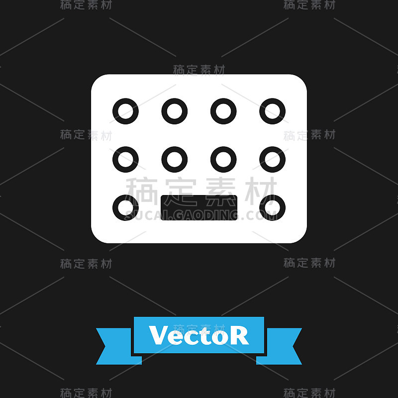 白色药丸在吸塑包装图标孤立在黑色背景。医药包装片，维生素，抗生素，阿司匹林。矢量图