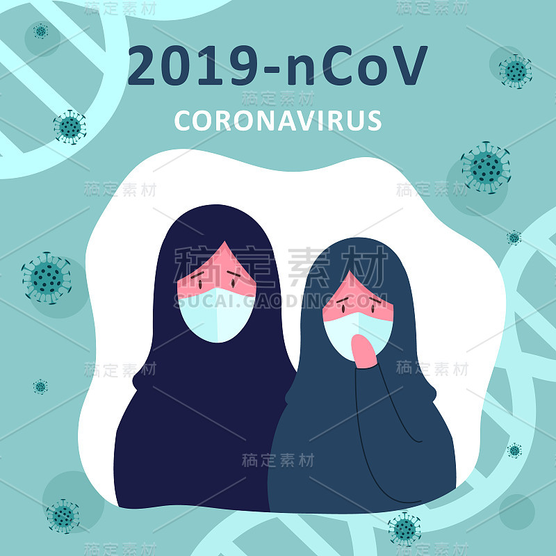 2019 - ncov冠状病毒。阿拉伯妇女戴着白色医用面罩和希贾布。预防病毒大流行的设计概念。平面向